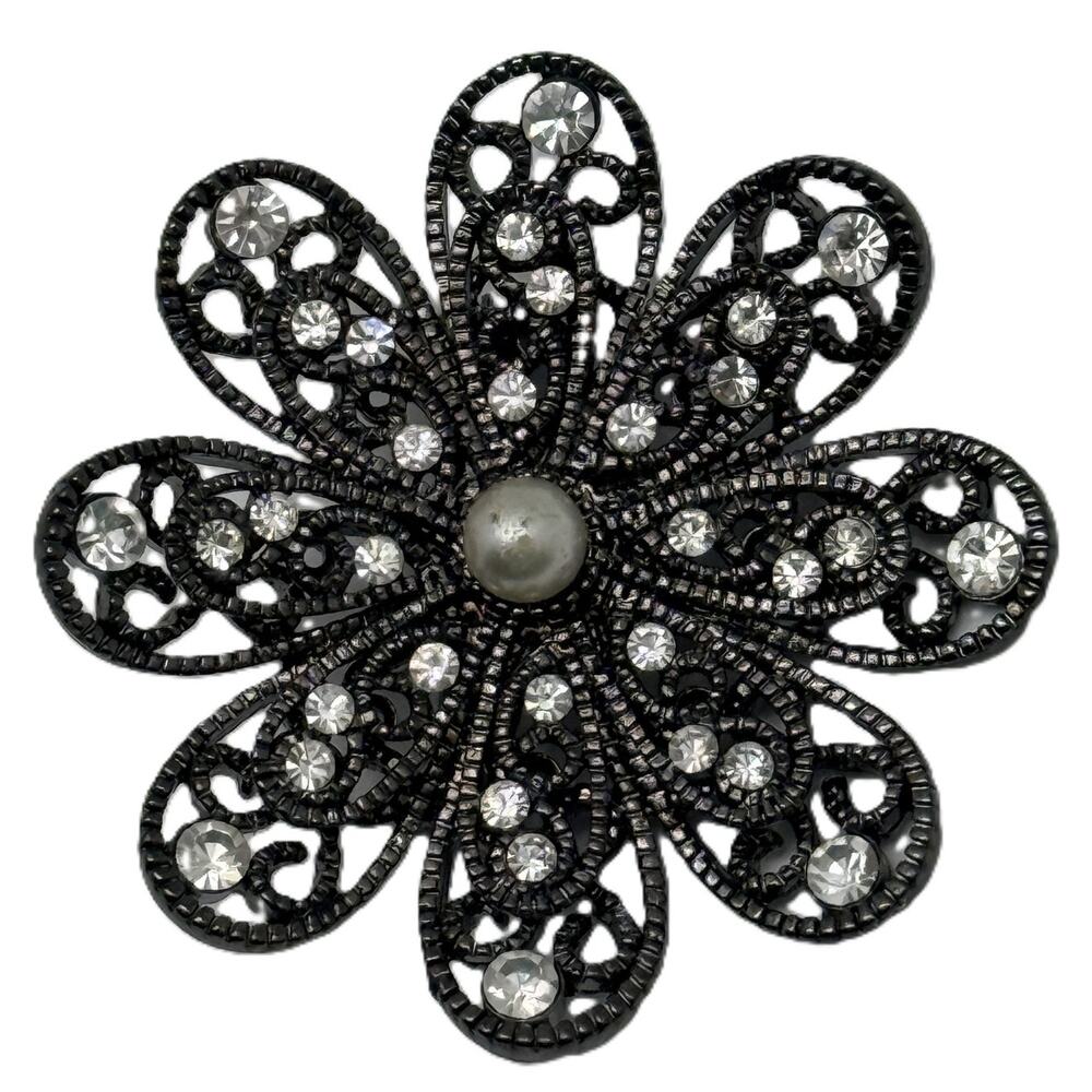Fashion Black Metal Flower Clear Rhinestones Faux Pearl Bead Pin Brooch